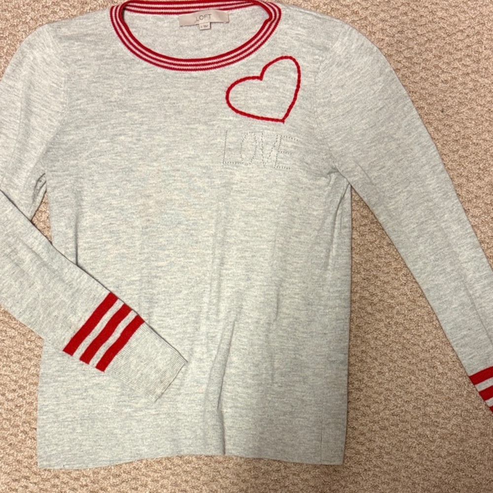 LOFT Gray Long Sleeve Tee with Red Heart Accent